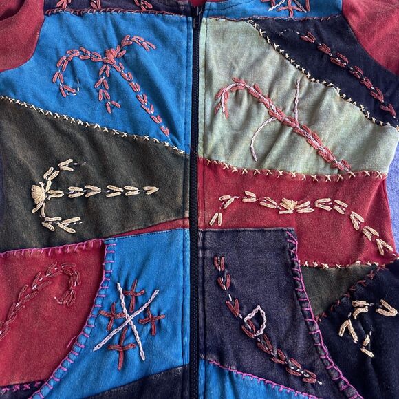 Patchwork Boho Jacket Womens Small Hippie Embroidered Full Zip Hoodie Multicolor - Picture 3 of 8